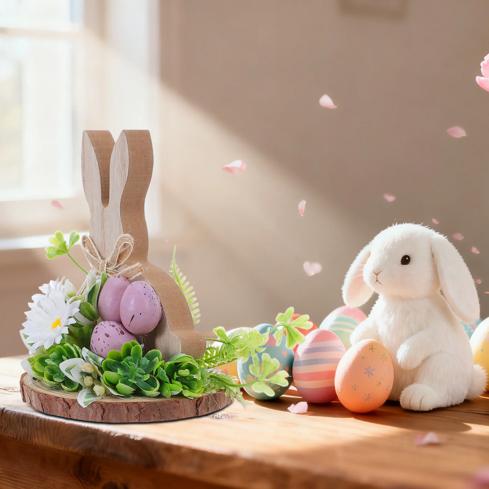 

Wooden Easter Bunny Tabletop Decoration Bunny with Eggs Flower Design Rustic Farmhouse Rabbit Centerpiece for Easter