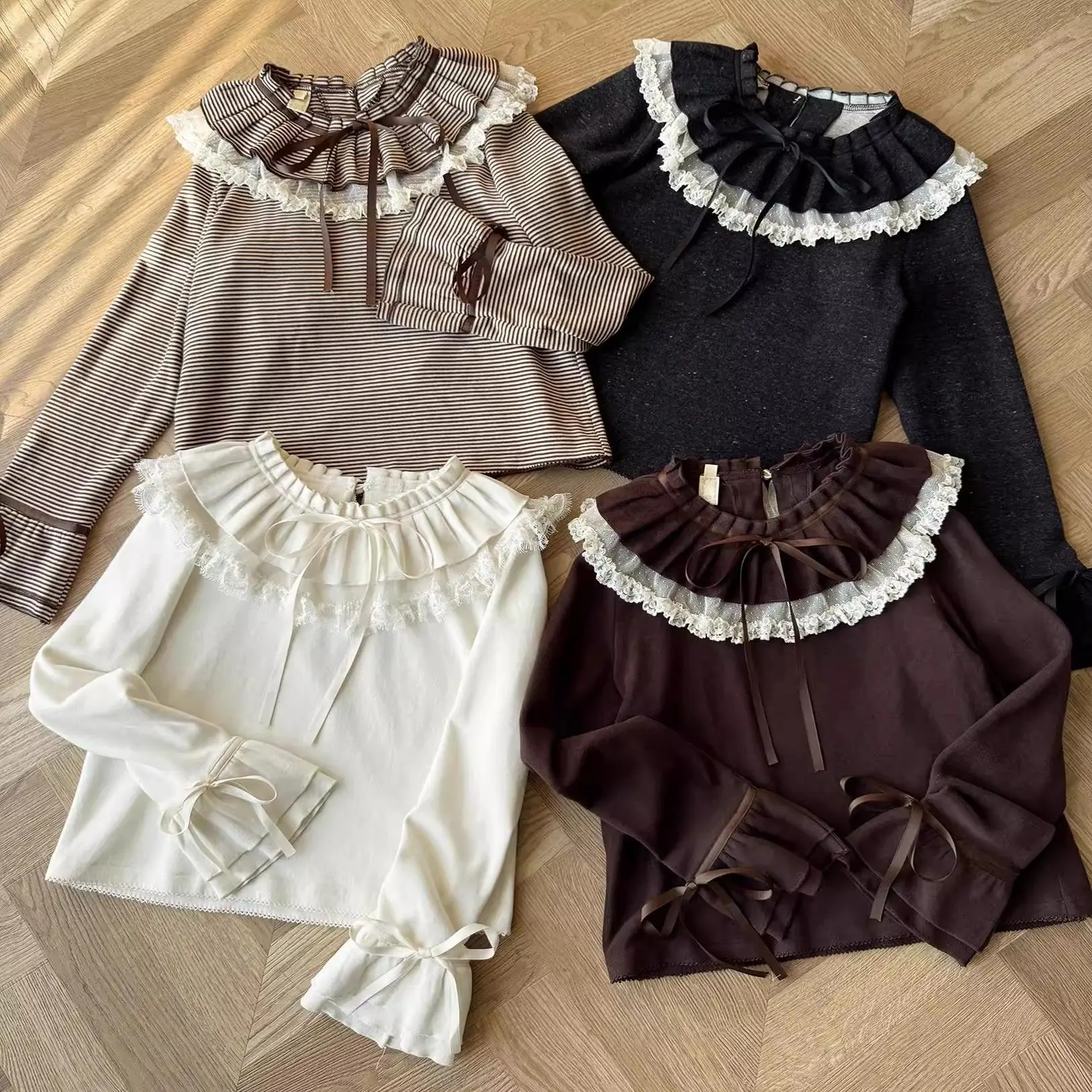 

Harajuku Lolita Kawaii Blouse Girls Sweet Fashion Cute Lace Tops Woman American Style Vintage Y2k Aesthetic Stripe Grunge Tees