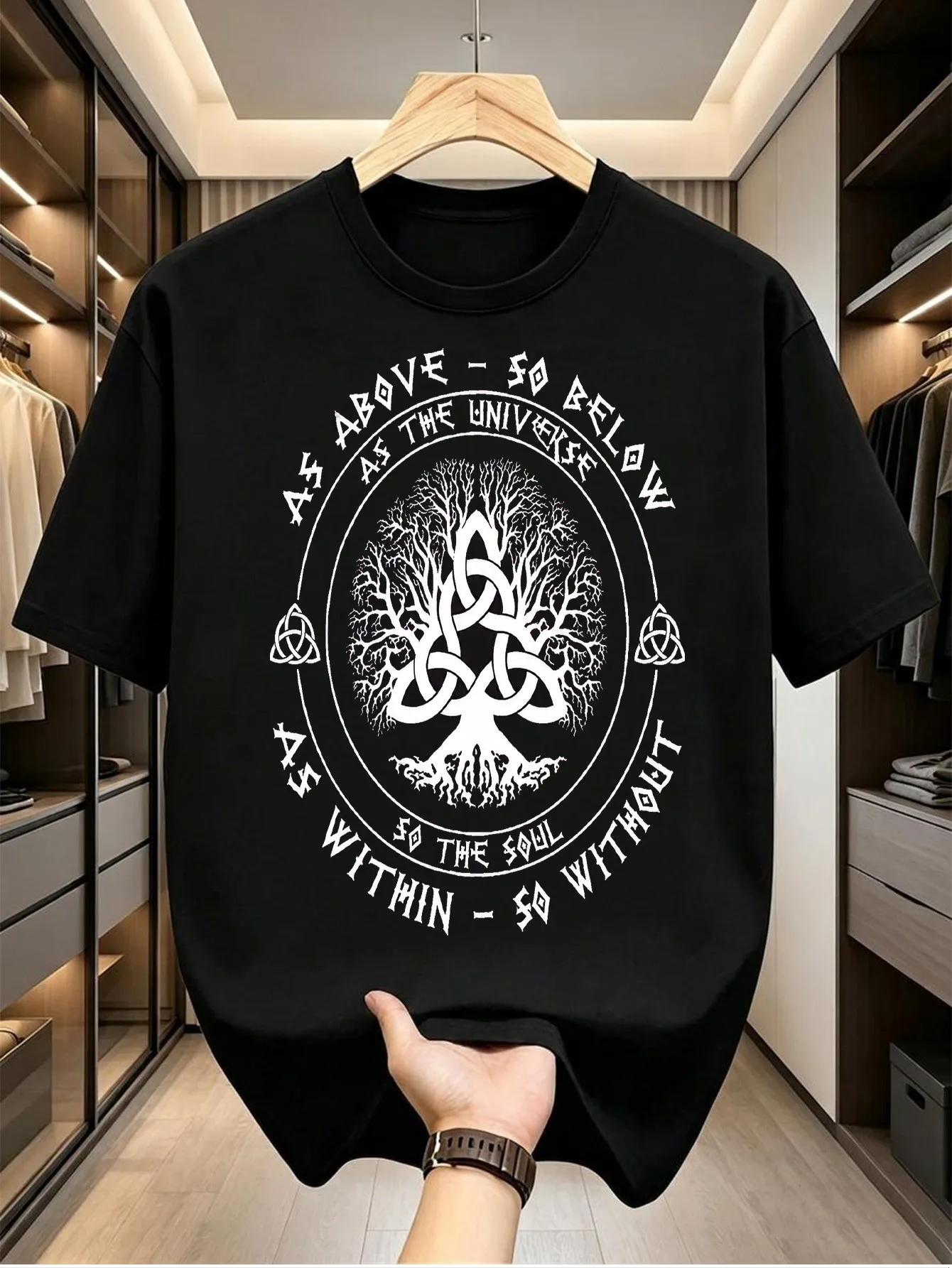 Vintage Inspired Tree of Life And Celtic Knot Graphic T Shirt with Gothic Aesthetic for Casual Streetwear