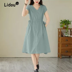 Women Vintage Lace Up Simple Casual Cotton Linen Dresses 2024 Summer V Neck Short Sleeve Loose Pockets Midi Dress Beach Vestidos