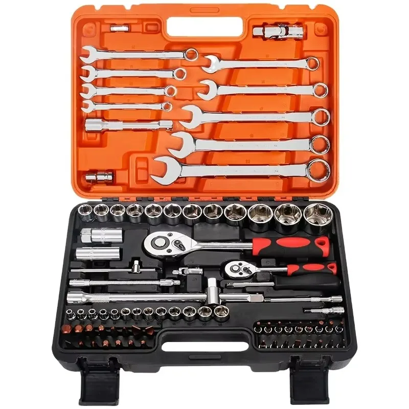 82-Piece Auto Repair Tool Set Durable CR-V Chromium-Vanadium Steel 24-Tooth Combination Wrench Metric Sleeves Hand Operated OEM
