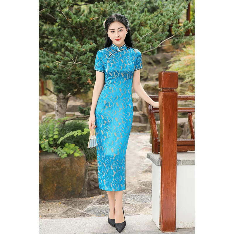 Retro Chinese Style High Quality Real Silk Jacquard Cheongsam Qipao Women's Clothing Dress Fashion Daily Banquet Flag