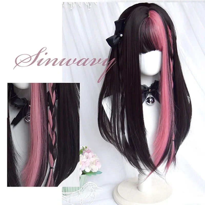 AS Long Black Mixed Synthetic Cosplay Lolita Harajuku Wig With Bangs Natural Wavy Halloween Red Daily Wigs MN1