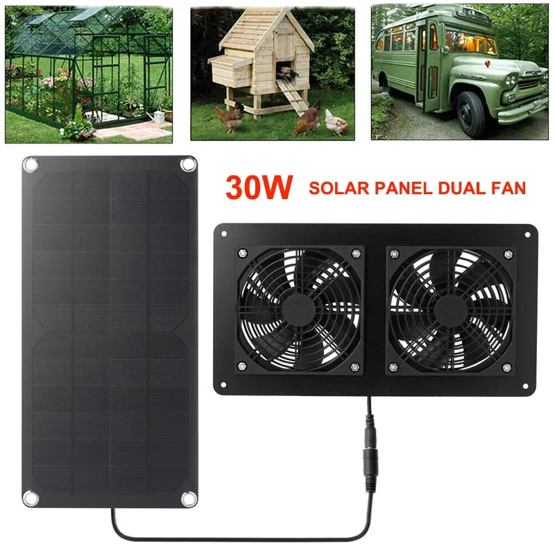 30W 12V Solar Exhaust Fan Air Extractor Ventilator Solar Panel Powered Dual Fan for Dog Chicken House Greenhouse RV Dropshipping