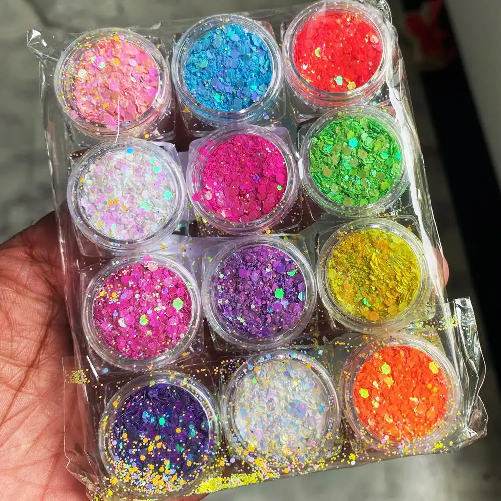 2-3g*12Jar Chameleon Chunky Glitter Sequins Set Mixed-size Iridescent Flakes Sequins Super Shining Paillette Manicure Decoration