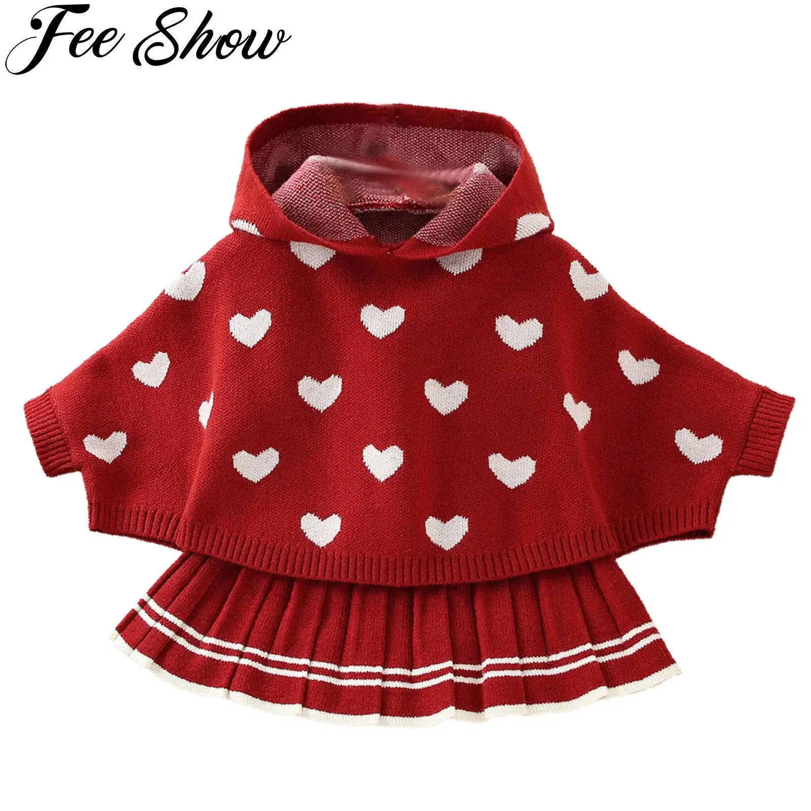 

Infant Baby Girls Knitted Print Dolman Sleeve Hooded Cape Coat Tops with Elastic Waistband Skirt Outfits Fall Winter Clothes Set