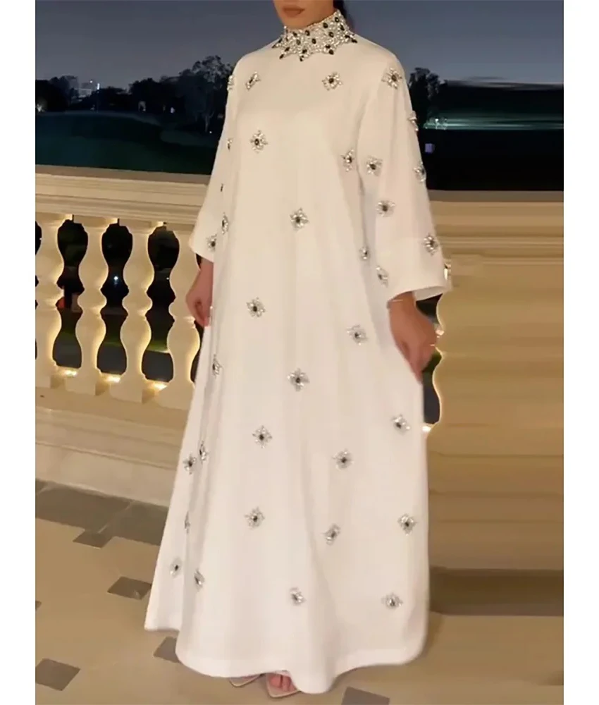 

Изысканное вечернее платье трапециевидной формы из джерси с кристаллами по индивидуальному заказу, темпераментное платье с высоким воротником и длинными рукавами до щиколотки после вечернего платья