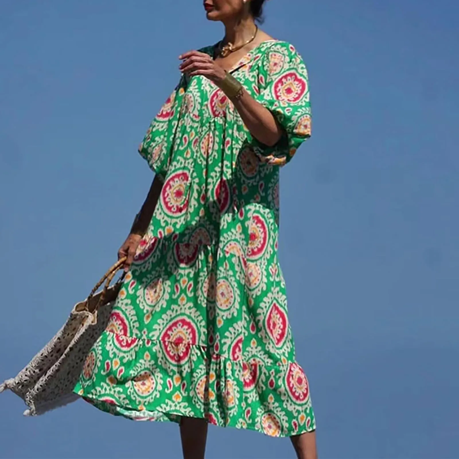 

Summer Dresses 2024 Women's Vintage Printed V Neck Boho Beach Dress Fashion Lantern Sleeve Loose Casual Long Maxi Dresses