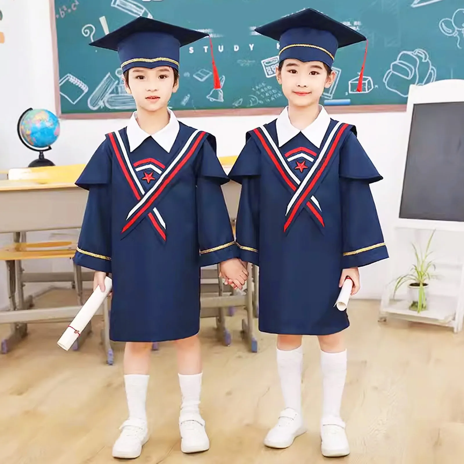 Boys Girls Suit Kindergarten Children Graduation Bachelor Stage Performance Gown With Hat Uniform Academinc Photography Clothing