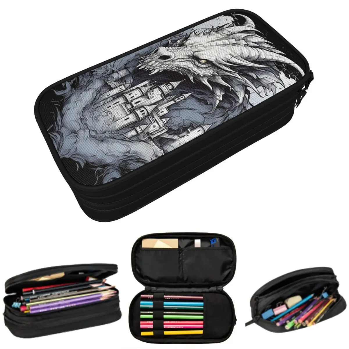 

Футляр для карандашей с изображением мифического дракона и замка, подарок для мальчиков и девочек, пенал, сумка для канцелярских принадлежностей, держатель для ручек