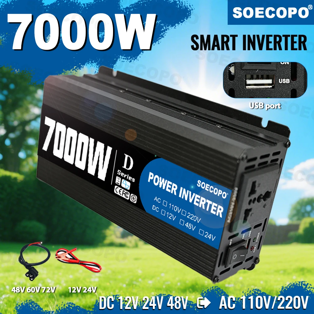 SOECOPO 7000W Peak Portable Smart Solar Inverter Converter DC 12V/24V/48V To AC 110V/220V for Camping Home Car Use