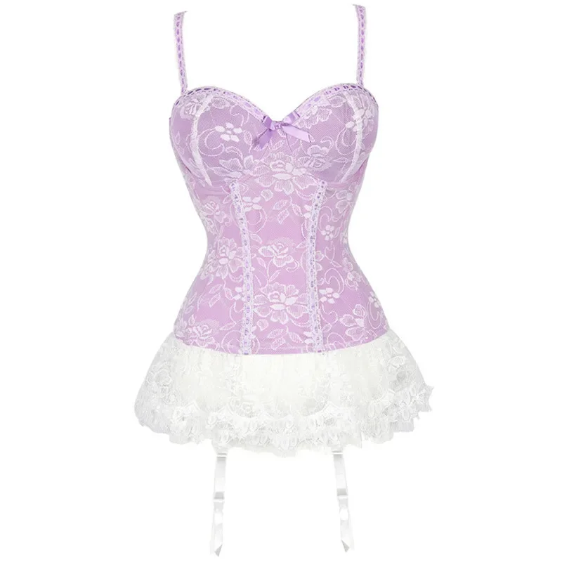 

Sexy Pajamas Female Summer Hot Floral Lace Corset Dress with Panty Underwear Lingerie Set Japanese Bandage Bustier Top