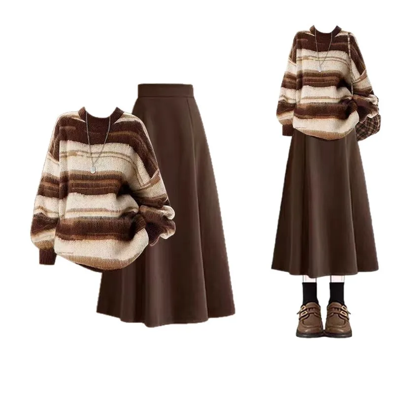 الربيع والخريف مجموعة عادية المرأة جو مخطط محبوك سترة + تنورة التخسيس قطعتين مجموعة #5