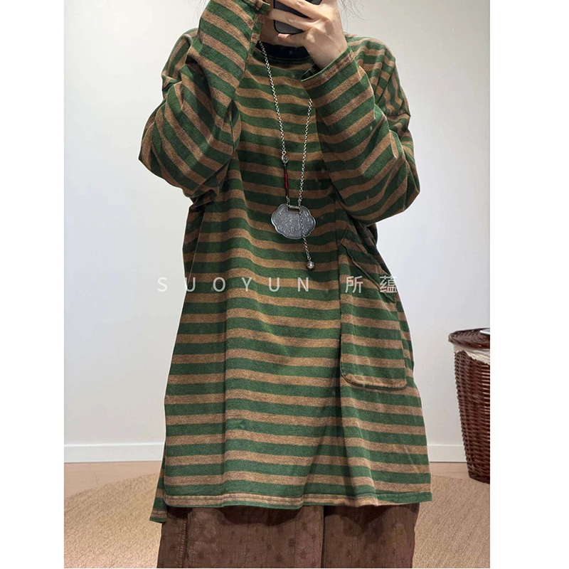 2026 New Arrival Spring Women Casual Cotton Striped O-neck Long Sleeve Tops Tees Clothing All-matched Arts Style T-shirt S119