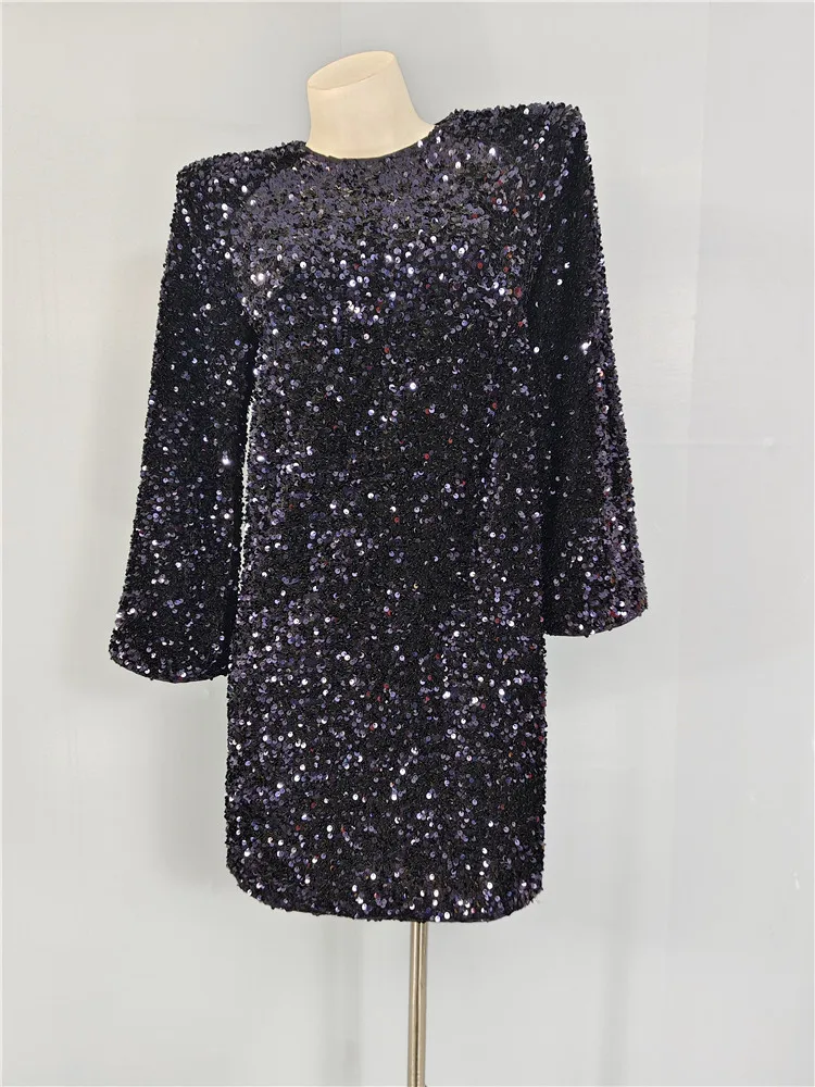 Elegant Shiny Sequin Long Sleeve round Neck Club Stage Style Dress Women's Fashionable Trendy Flashing Dress Casual H-Shape