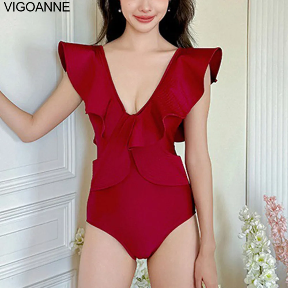 VigoAnne Red Verge Strapped Swimwear Women 2024 Push UP One Piece Swimsuit Korean Sexy Monokini Closed Summer Beach Bathing Suit