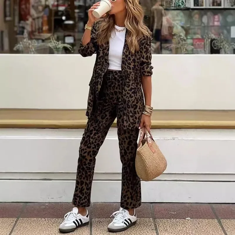 Leopard Print Loose Long Sleeve Blazer Coat Pants Suit Tracksuit Streetwear Autumn Winter Women Two Piece Pants Set Outfits