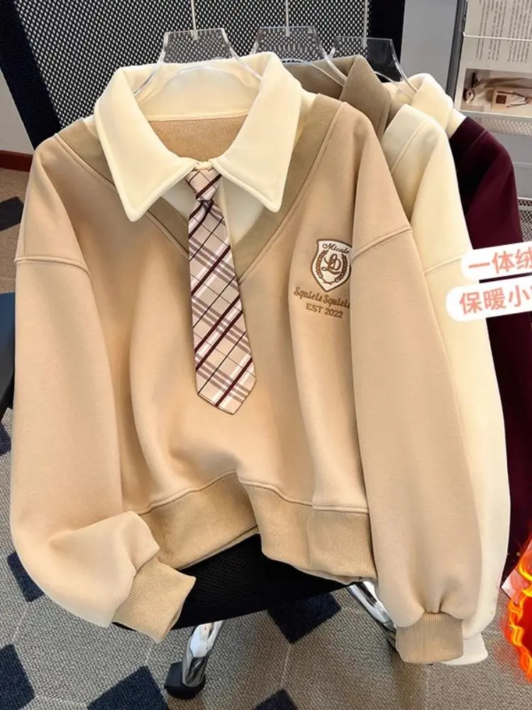 

Thiened Fce Sweatirt Collar Women's Loose Top Faionable Autumn Winter New Sle College Sle Tie Design Sweats...