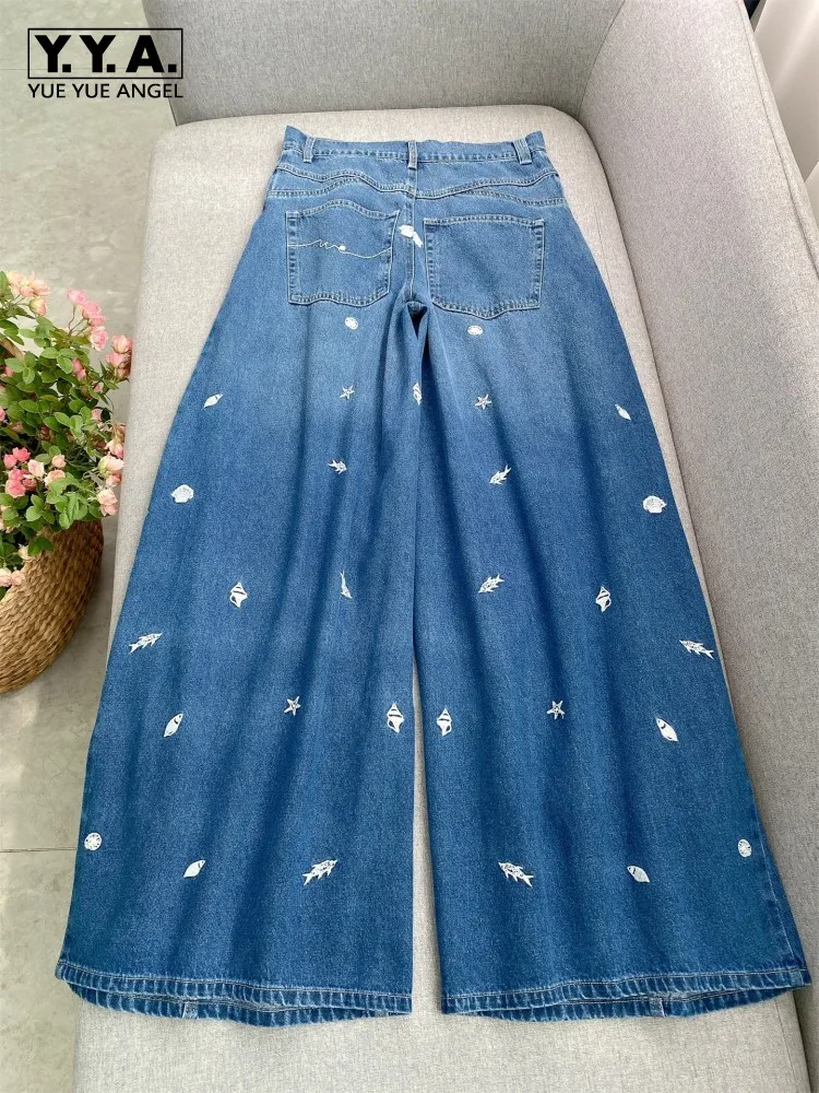 

Женские модные свободные широкие джинсы с вышивкой, осенние джинсовые брюки с высокой талией, повседневная уличная одежда, женские брюки полной длины