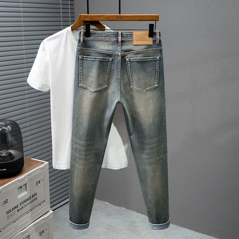 2024 Nieuwe Retro Jeans Heren Potlood Broek Slim-Fit Gewassen Modemerk Nostalgische Trendy Distressed Geel Modder Geverfde Grote Maat Broek