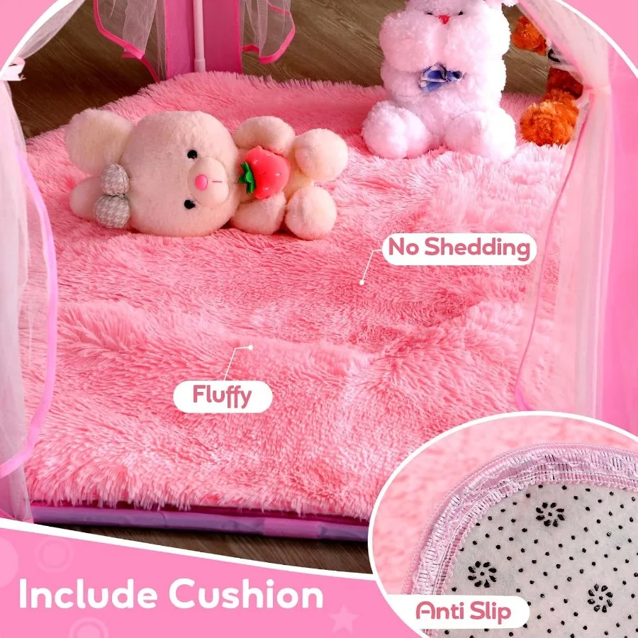 ピンクのプリンセスキャッスルテント、女の子用ラグ付き、六角形の妖精の遊び場、星型ライト付き屋内玩具、幼児向け