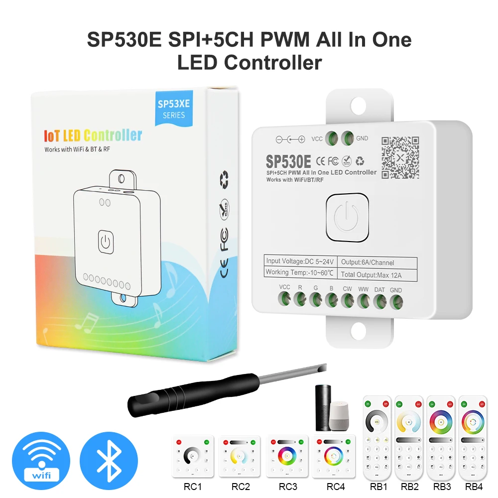 

SP530E все в одном, флэш-контроллер Wifi Alexa Google Home BT 5CH PWM SPI пиксели, флэш-полоса, флэш-контроллер WS2811 WS2812B SK6812 FCOB 5в-24в