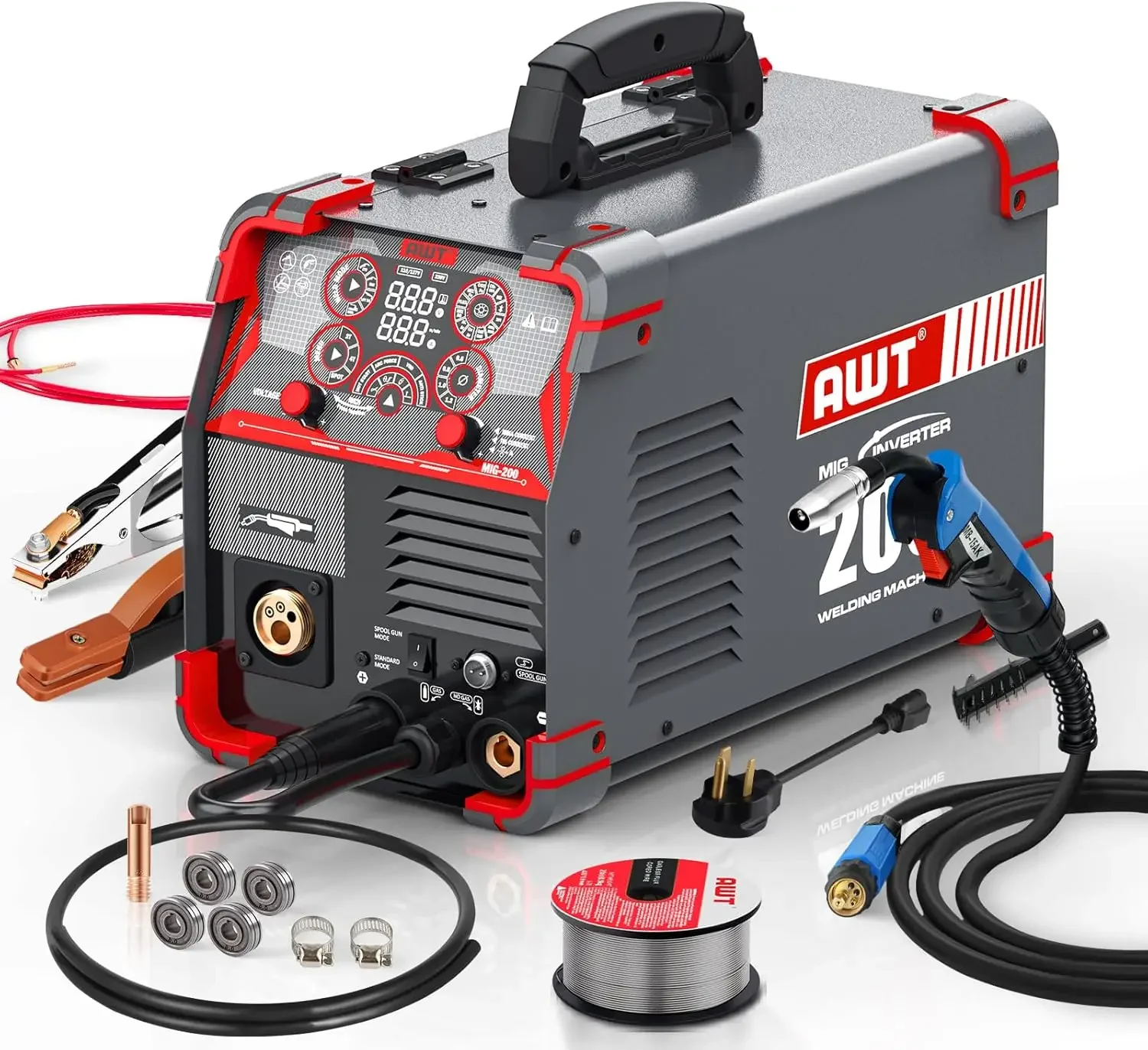 ماكينة لحام AWT MIG، 200 أمبير 8 في 1 غاز MIG/Gasless Flux Core MIG/Stick/Lift TIG/Spot Welding/Spool Gun ألومنيوم MIG Welder، 110/220 فولت