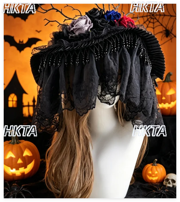 

Gothic Lolita Headwear Lolita Hat Y2k Lace Beaded Tassel Hats Original Retro Cosplay Halloween Costume Top Hat Women Cap