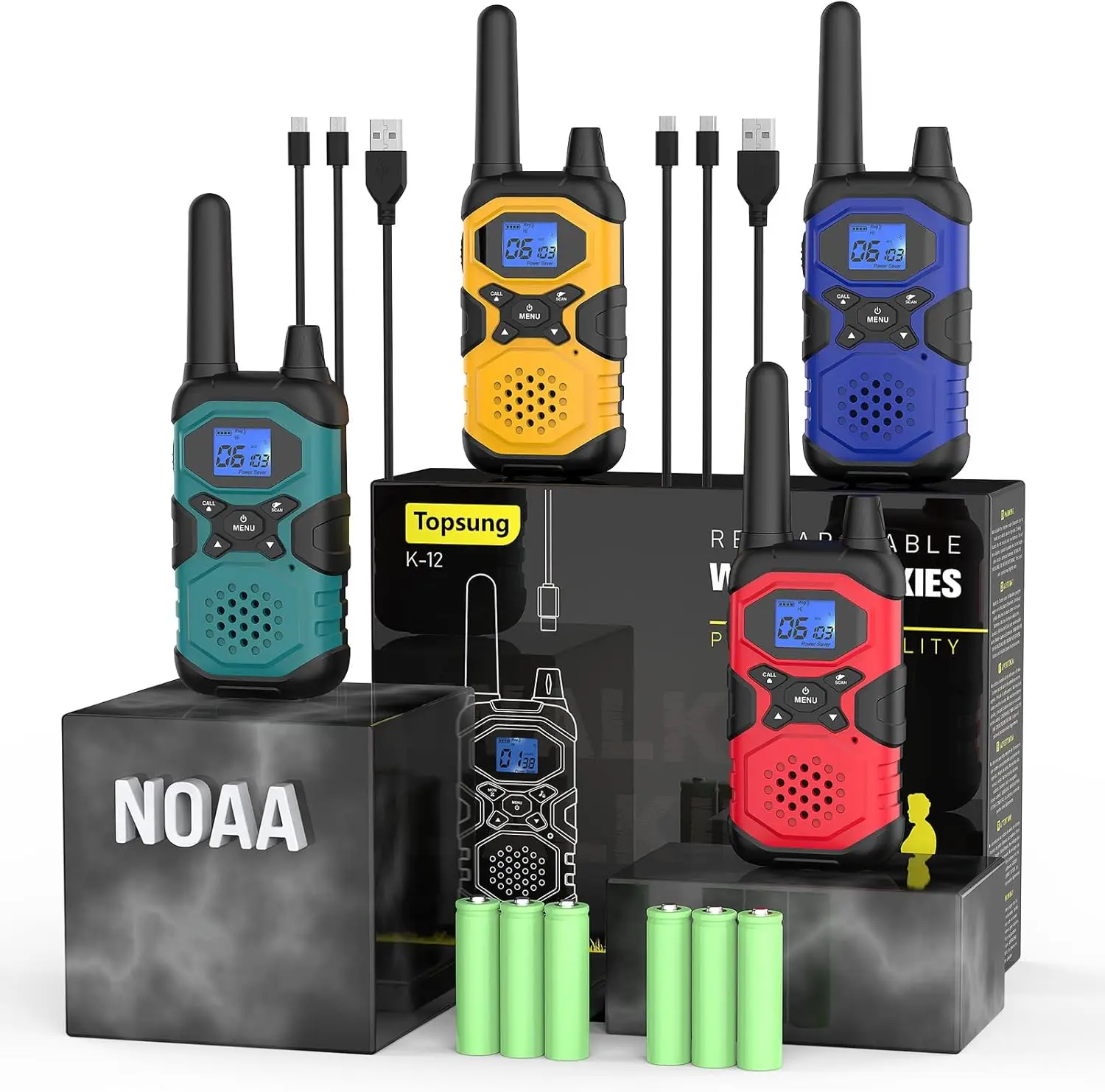 

Rechargeable Walkie Talkies 4 Pack Long Range 4500mAh Battery USB 2 Way Radios for Adults Family Camping Hiking Skiing
