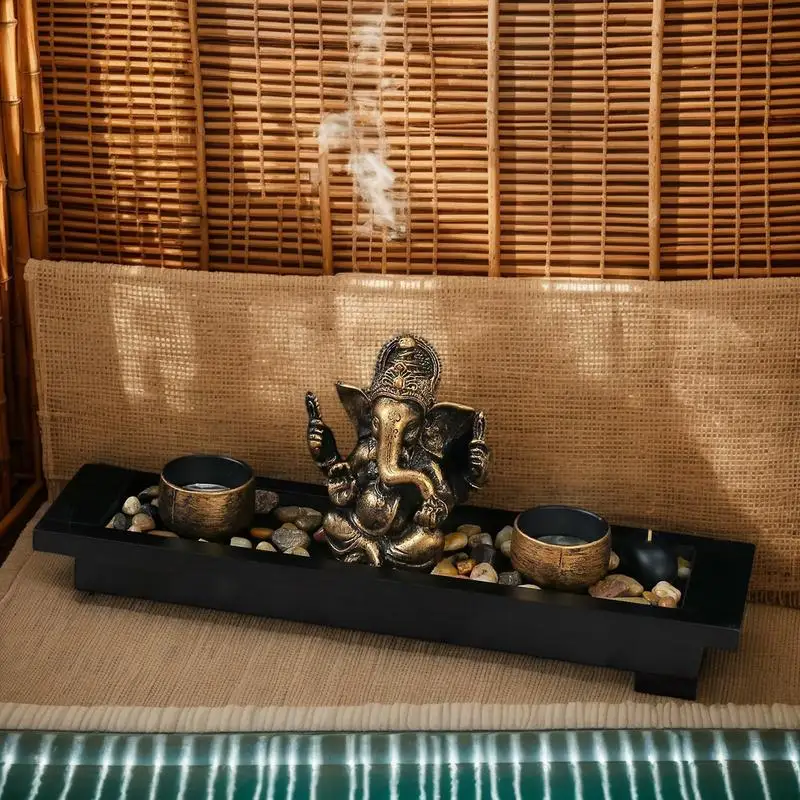 اللون البرونزي الرب غانيشا تمثال بوذا الحلي الفيل الهندوسية الله النحت ديكور مكتب المنزل Tealight حامل تمثال مجموعة