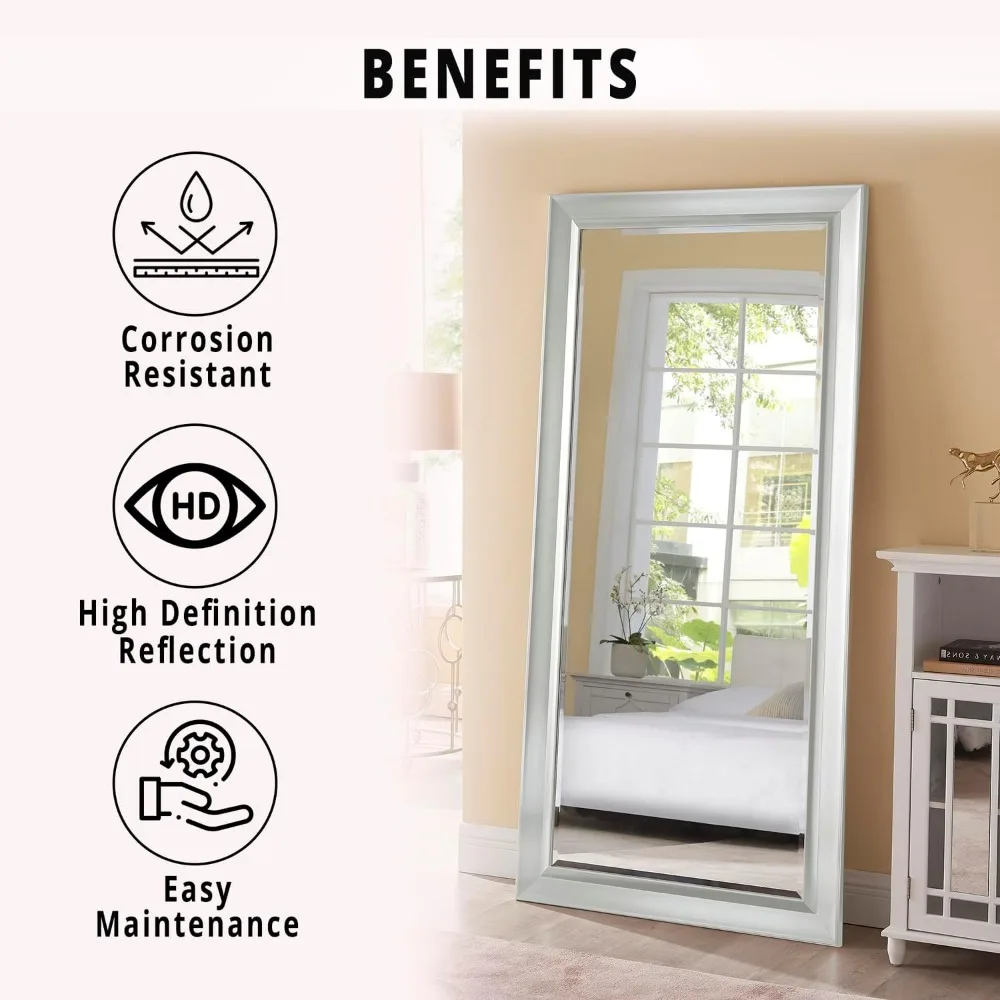 مرآة أرضية كاملة الطول 66 × 32 - مرآة قائمة كبيرة لغرفة النوم أو غرفة الملابس أو المدخل - مائل أو مثبتة على الحائط