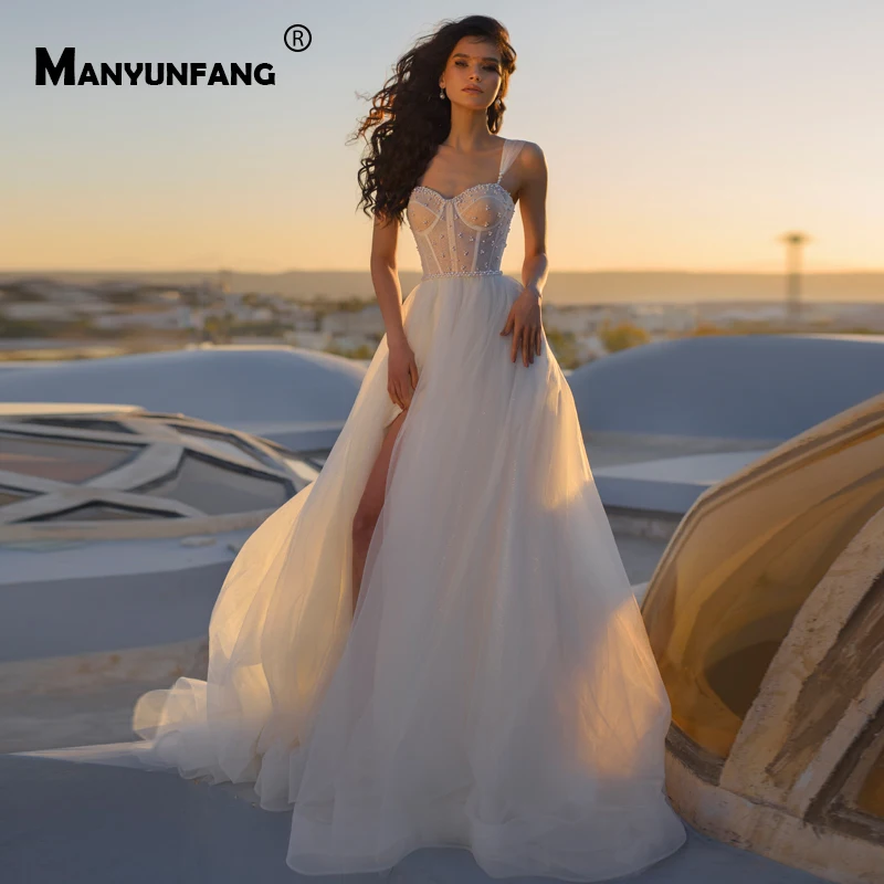 Robe Demoiselle D Honneur Femme Tulle Straps Vestidos De Noche Sweetheart Neck Robe Mariee Peals Illusion Luxury Wedding Dress