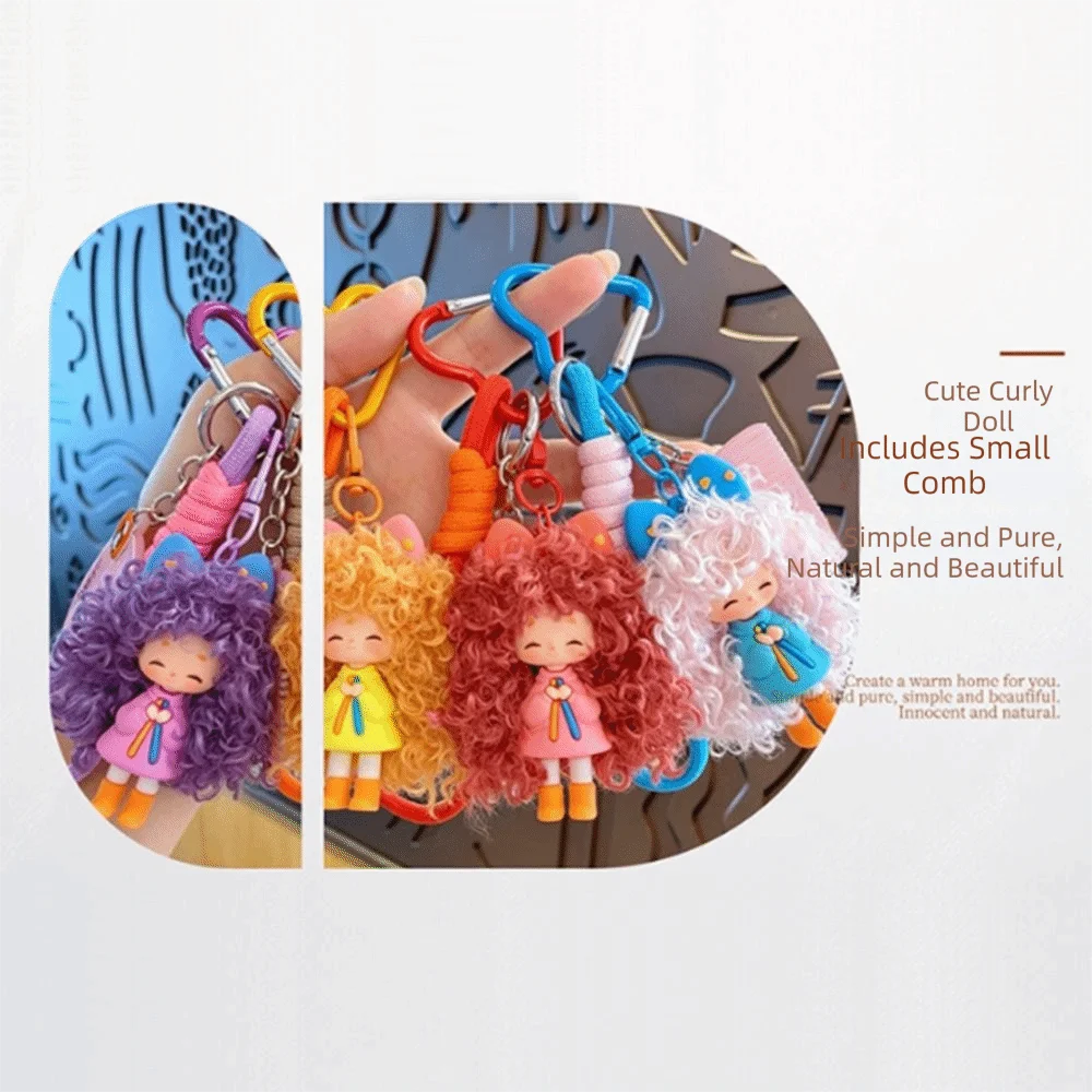 Kawaii Dopamine Curly Hair Keychain With Mini Comb With Lanyard Strap Cartoon Girl Key Chain Soft Pendant Gift