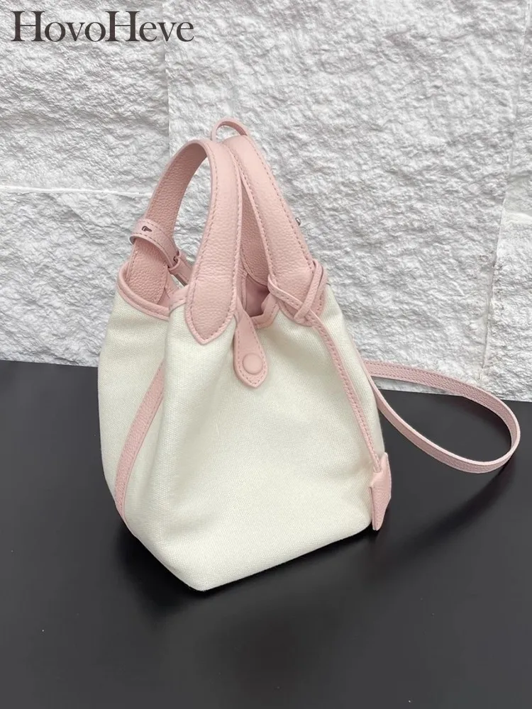 

Women Sweet Genuine Leather Spliced Canvas Bag Designer Casual Single Shoulder Bag Hasp Mixed Colors Fashion Totes Bucket Bag