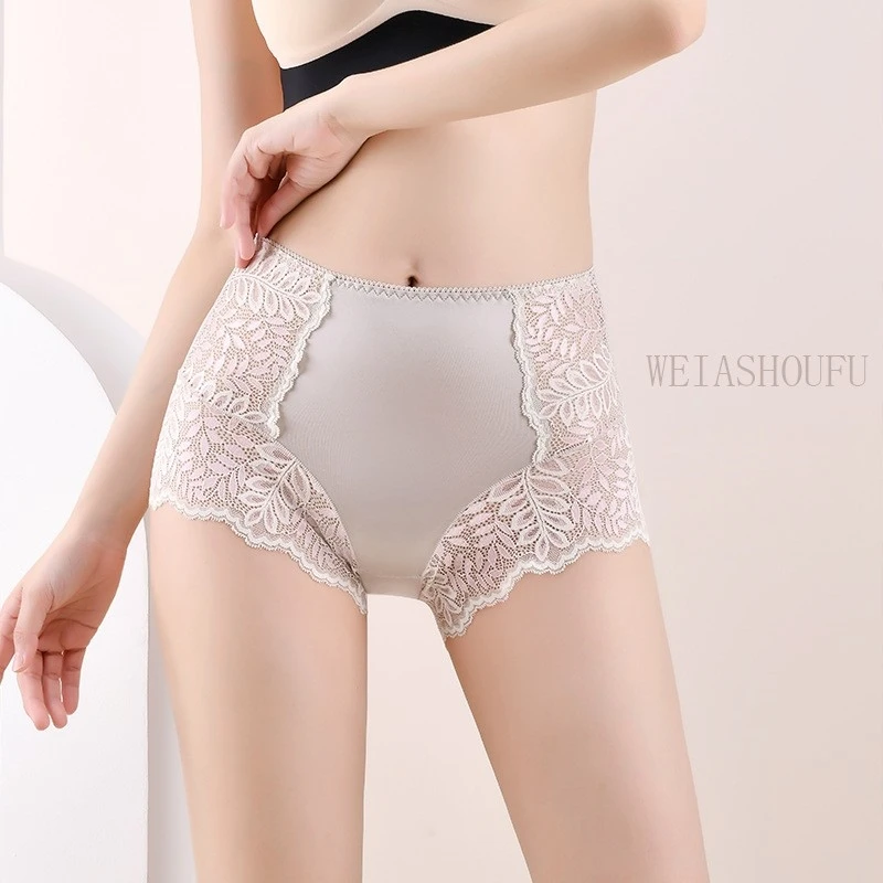 Plus Size 3XL Women\'s Panties Sexy Hollow Lace Underwear Seamless High Waist Briefs Female Ice Silk Comfort Intimates Underpants
