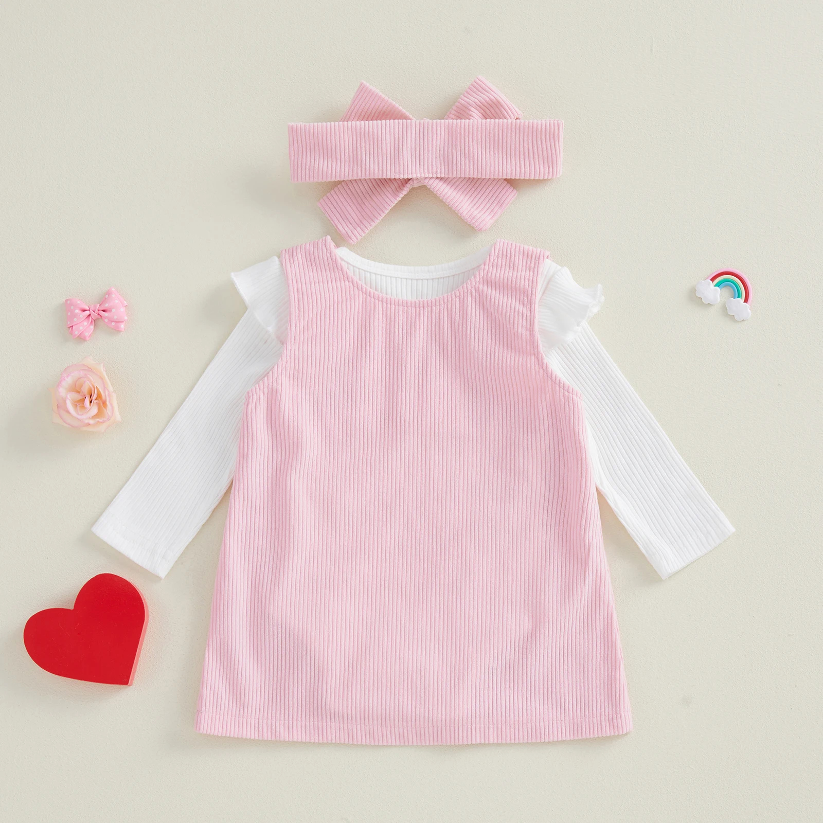 Newborn Infant Baby Girl Valentine’s Day Clothing Outfits Solid Long Sleeve Romper + Overall Dress + Headband Set