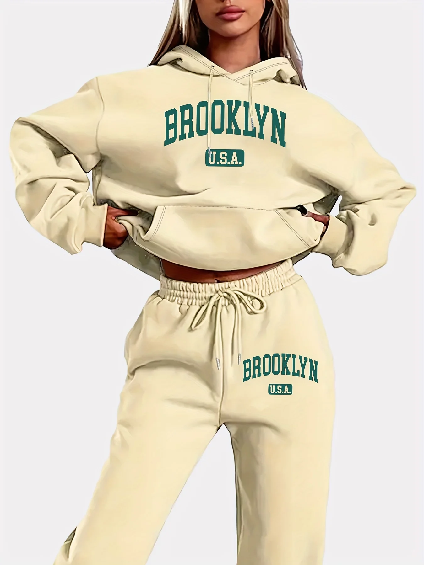 Conjunto de sudadera con capucha y pantalones de chándal con estampado de letras para mujer, manga larga, sudadera con capucha, conjunto casual de 2 piezas, ropa urbana, 2026