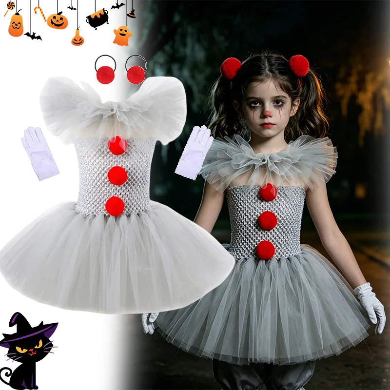 Girls Scary Clown Tutu Dress Set Tulle Ruffle Collar Red Pom Pom Decor With Hair Rings Gloves For Kids Halloween Cosplay Outfit