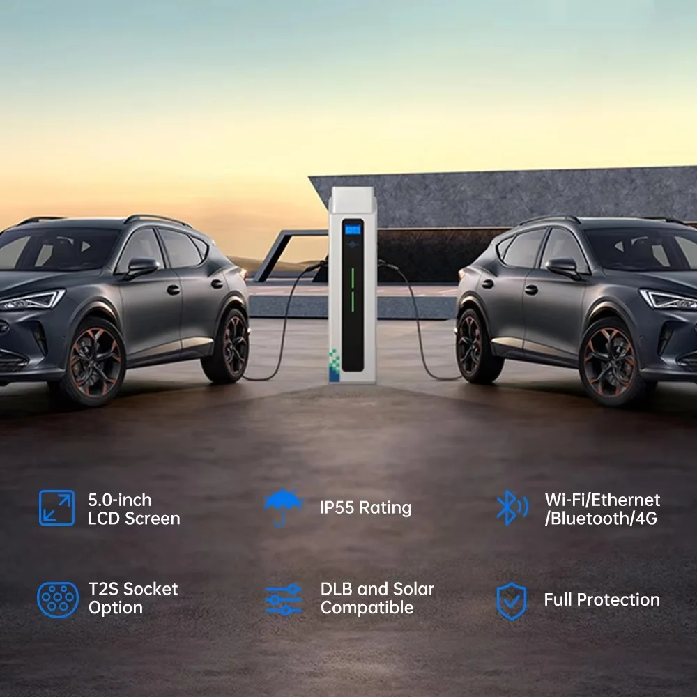 Kommerzielle 44kW AC EV-Ladestation Bodenmontierte Elektrofahrzeug-Ladestationen OCPP Typ1 Typ2 GBT 22kW*2 Schnellladegerät
