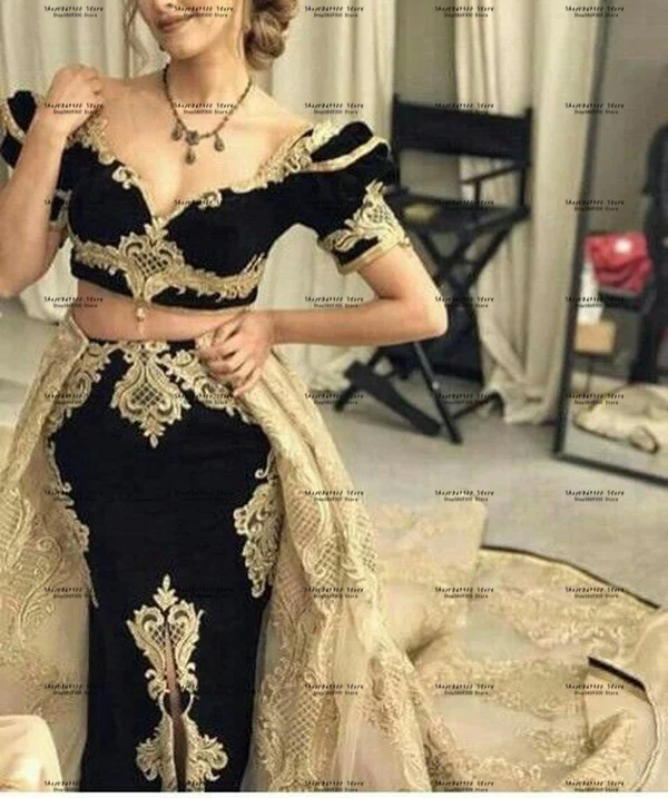 Tarayoun TunisianTraditional Prom Dresses with Detachable Train Black Two Pieces Arabic Gold Lace Embroidery Evening Gown