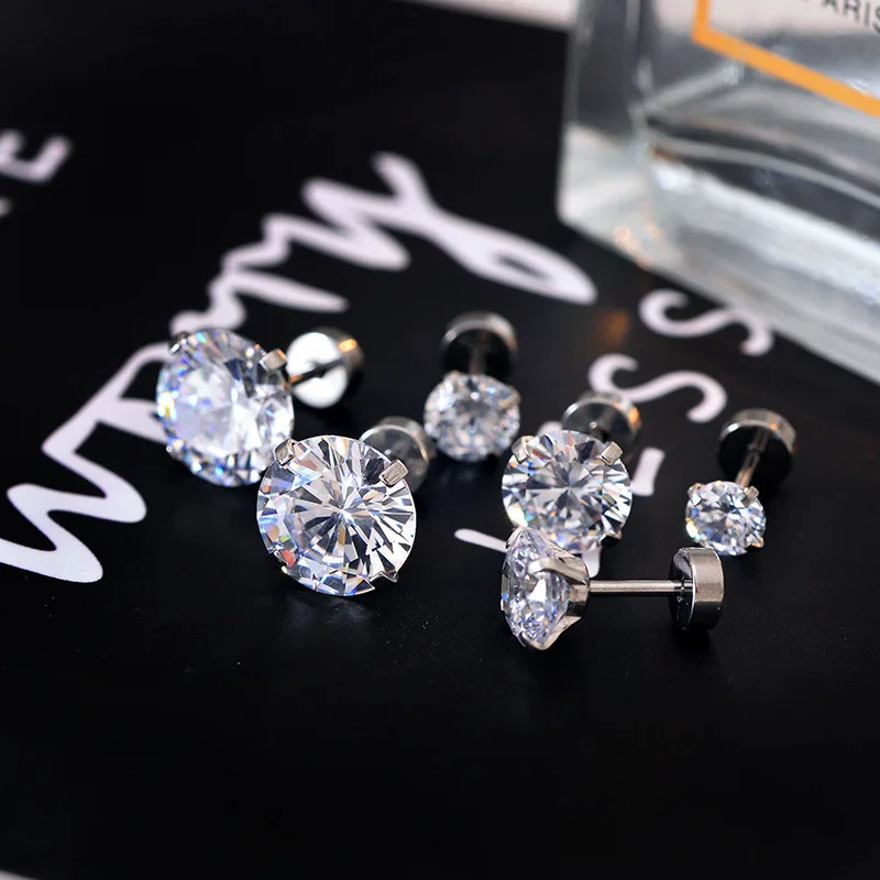 1Pair Classic Flat Back Screw Studs Stainless Steel Small Tiny Crystal Studs Earrings Women Men Piercing 4 Prong Tragus Earrings