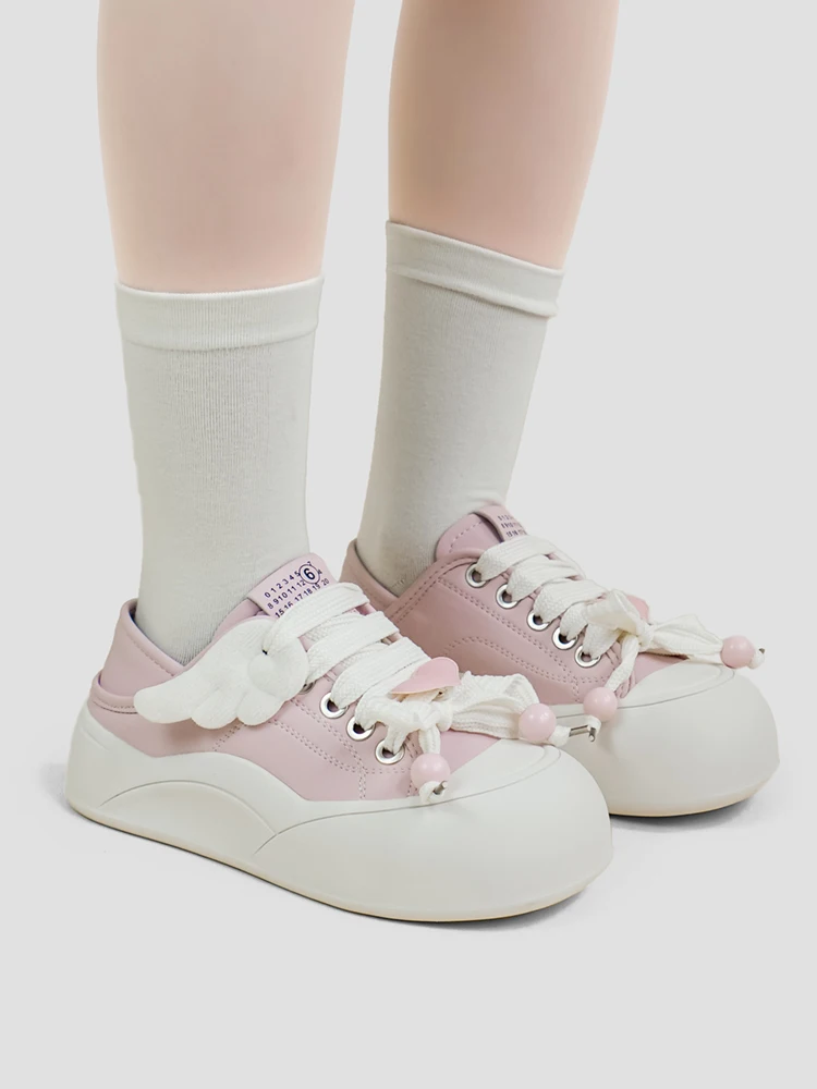Korean Version Round Toe Big Toe Shoes For Girls Soft Girl Wings Thick Soled Leather Surface Lolita Casual Board Shoes
