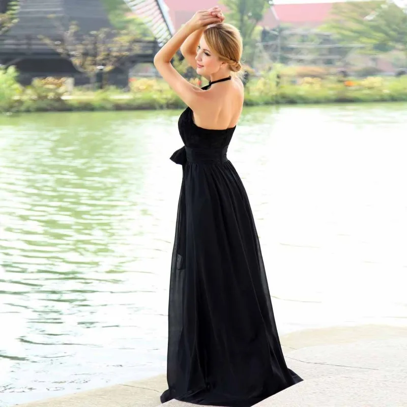 Billige elegante formale schwarze Abendkleider lange rücken freie Neck holder Spitze Chiffon Abschluss ball Brautjungfer Party kleider vestidos de fiesta