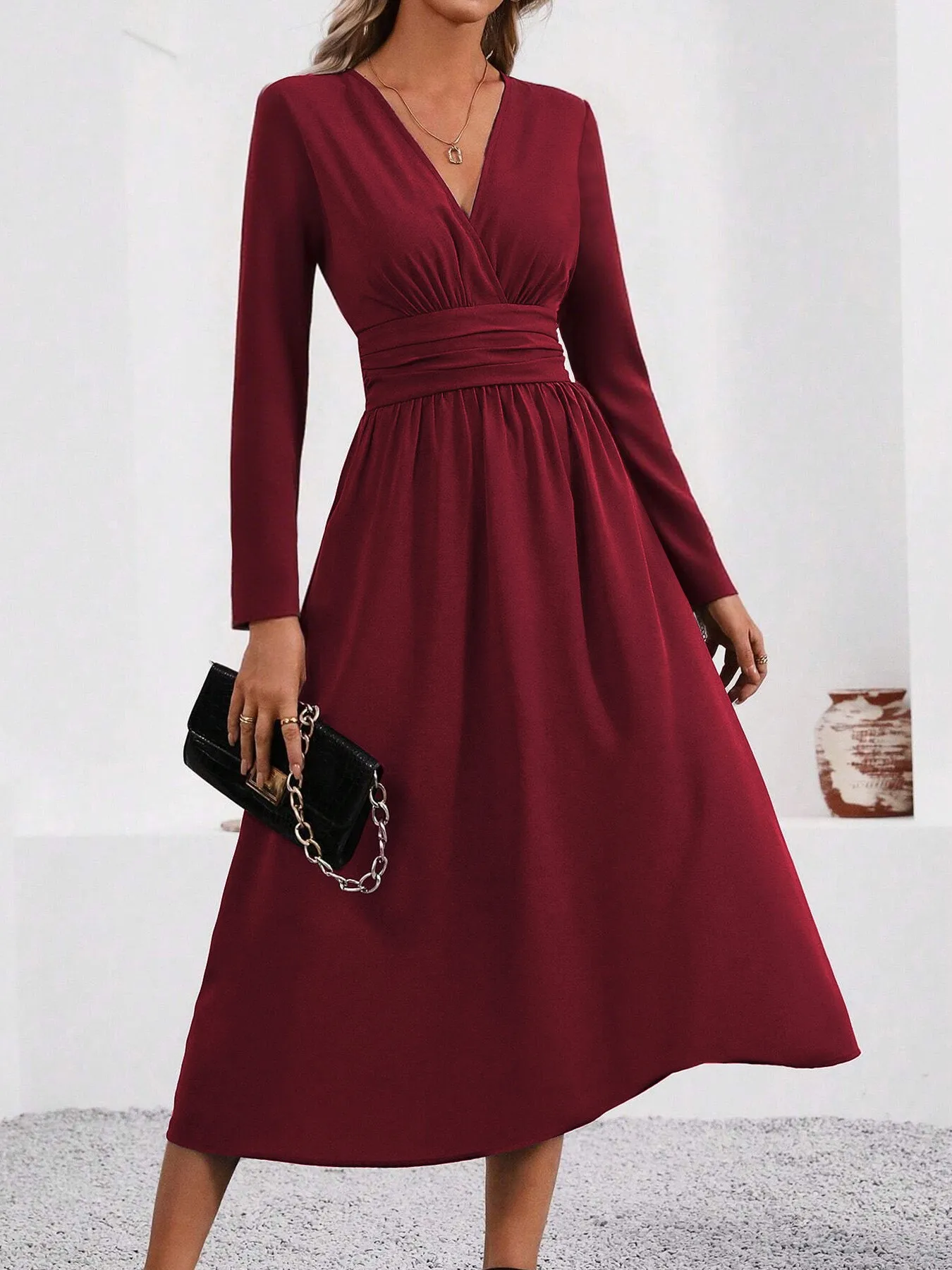 solid color knit dresses Women's Solid Color v-Neck Maxi Knitted Dress Long-Sleeved Sweater Dress Ribbed Knit Dresses for Winter (Black,S,US,Alpha,Small,Regular,Regular) at Amazon Women's Clothing store
