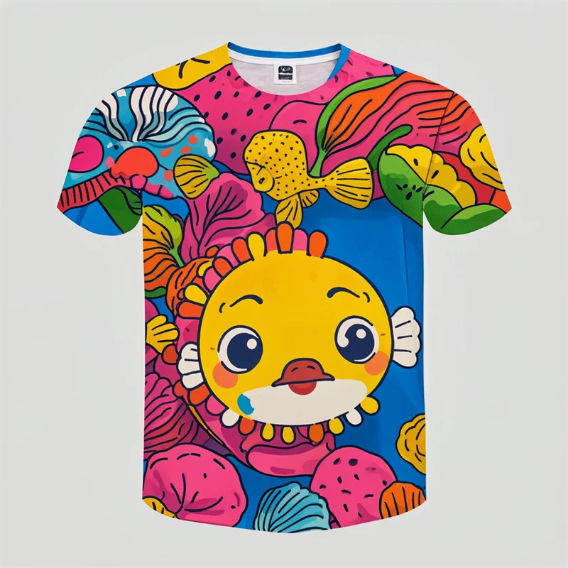 Novelty Fashion Puffer Fish 3D Printed T-shirt Men's Short Sleeve Tee Shirt Woman Clothing Kids Loose Cute Animal Print Y2k Tops