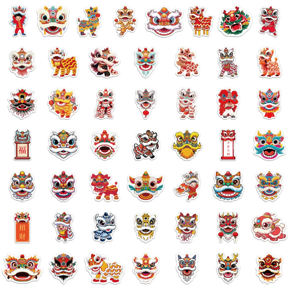 50PCS Neujahr Löwe Tanz Cartoon Spaß Aufkleber DIY Handgemachte Materialien Telefon Fall Laptop Gepäck Flasche Aufkleber