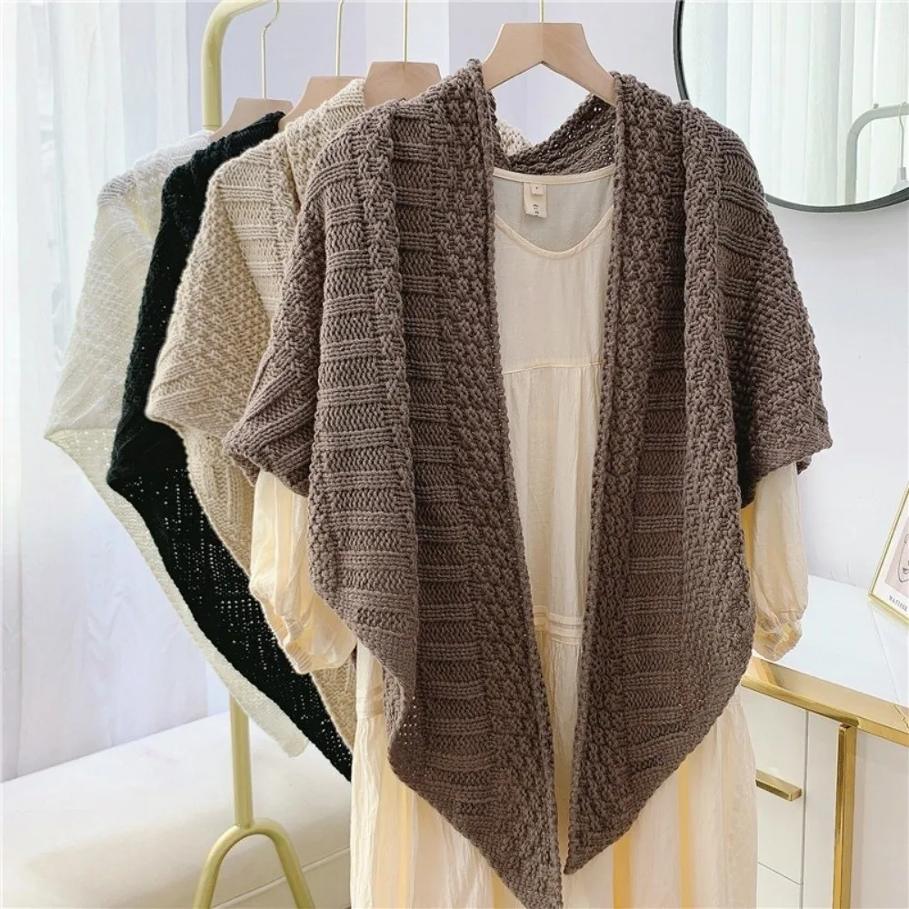 

Retro Knitted Triangle Knotted Shawl Wraps Shoulder Tops Soft Cardigan Cape Winter Warm Solid Color Travel Stoles