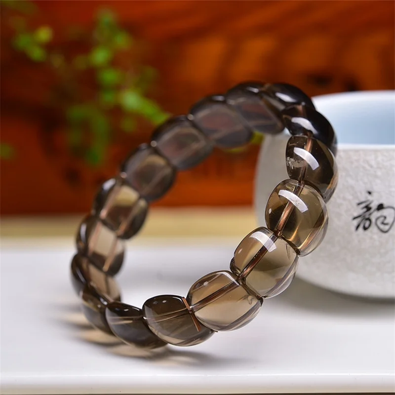 Natural Smoky Quartz Bangle Round Bead Women Trendy Reiki Healing Elastic Bracelet Yoga Energy Wristband Jewelry Gift 12x15mm