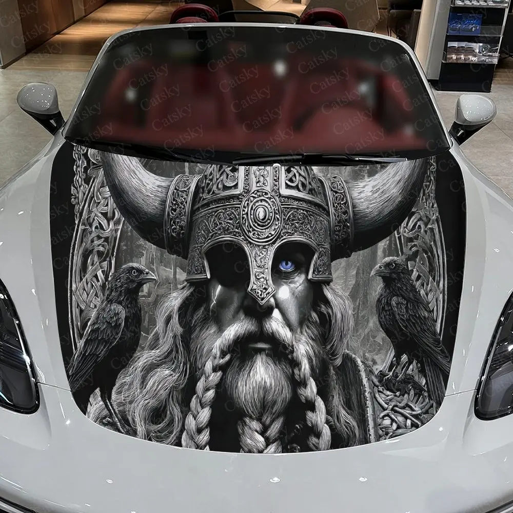 Nordic Horned Helmet Figure with Ravens Car Vinyl Wrap, PVC Waterproof Car Hood Sticker, Self-Adhesive Scratch-Resistant Sticker - view 3