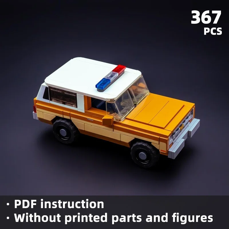 

Building blocks create a retro off-road police car with an orange and white color scheme, giving it a classic police car feel